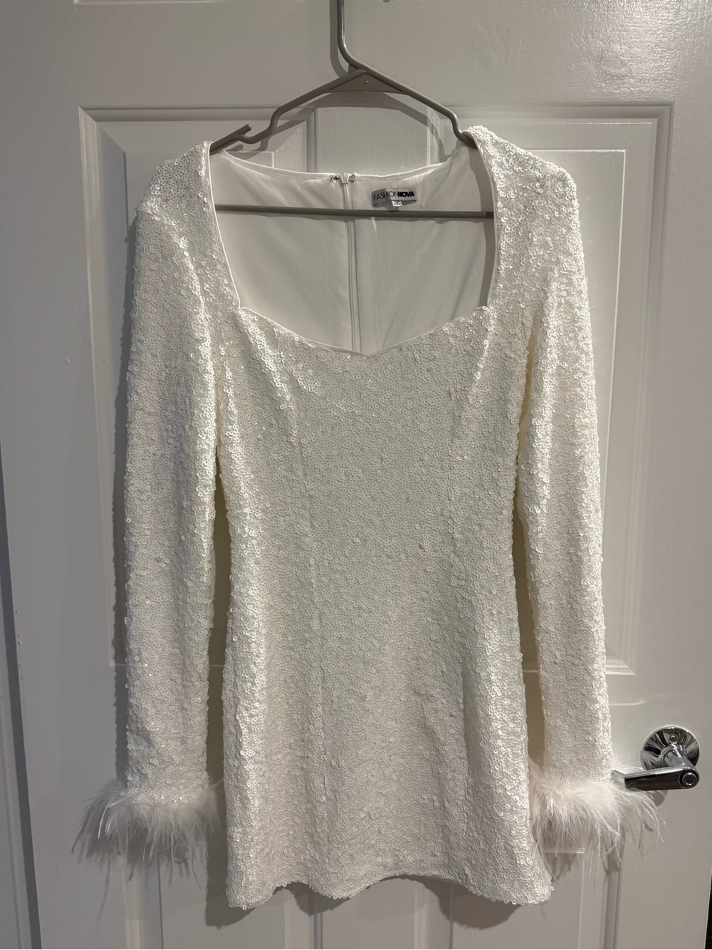 Fashion nova long sleeve white sequin dress with feather cuff